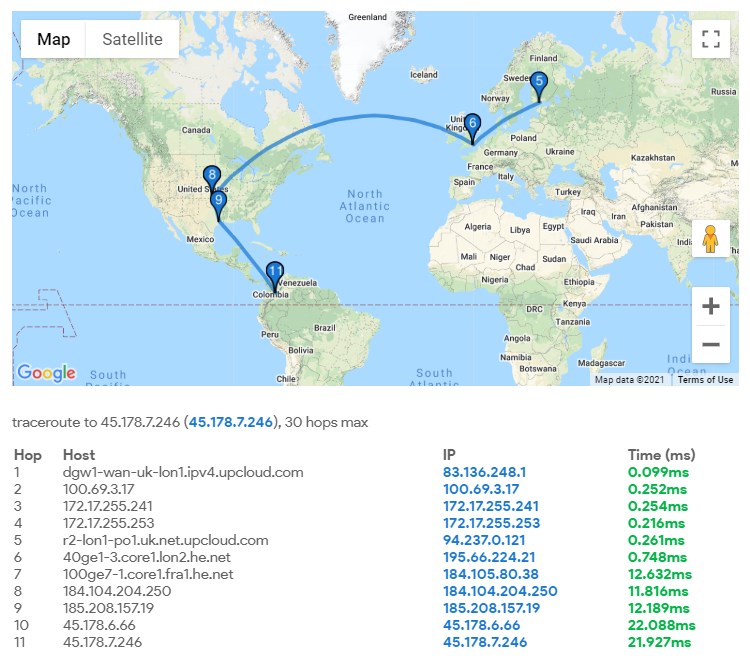 Traceroute to the IP address 45.178.7.246