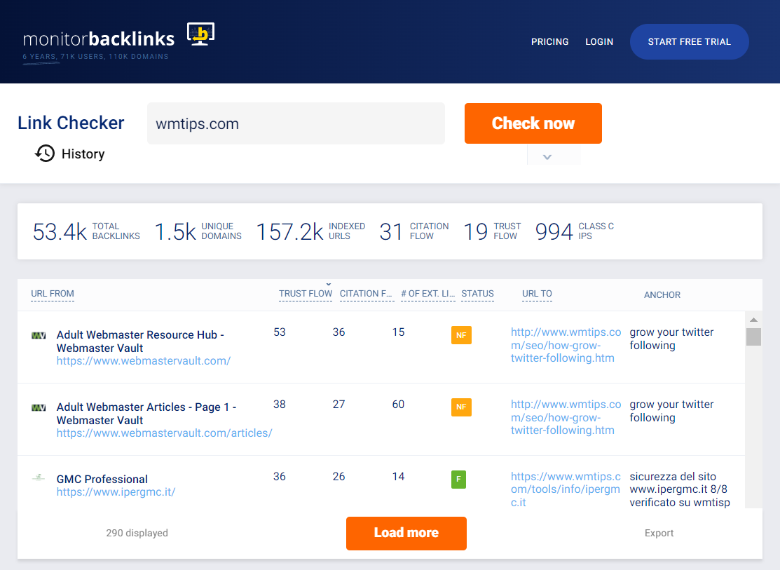 Monitor Backlinks Link Checker results