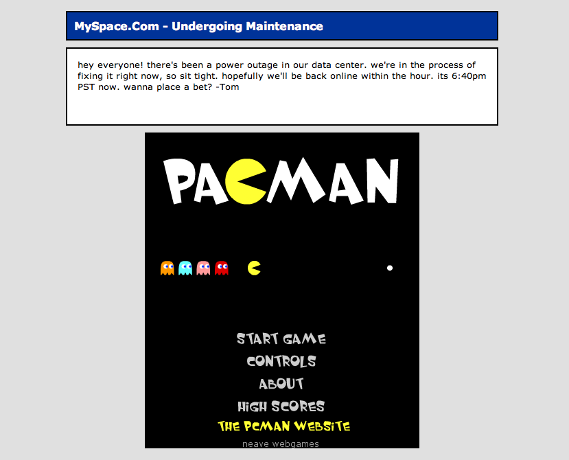 Myspace outage page